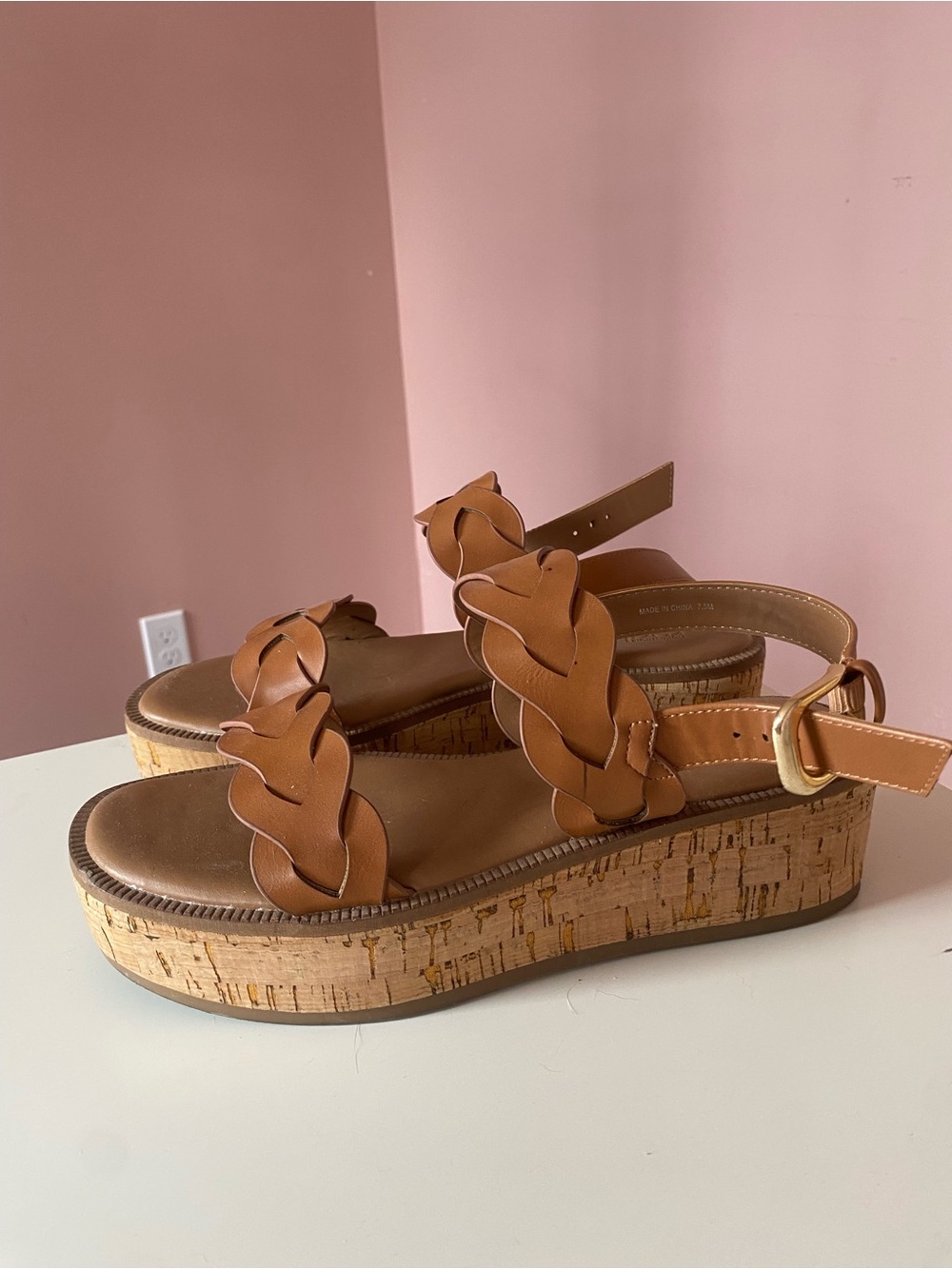 Nordstrom Tan Braided Leather Cork Platform Sandals